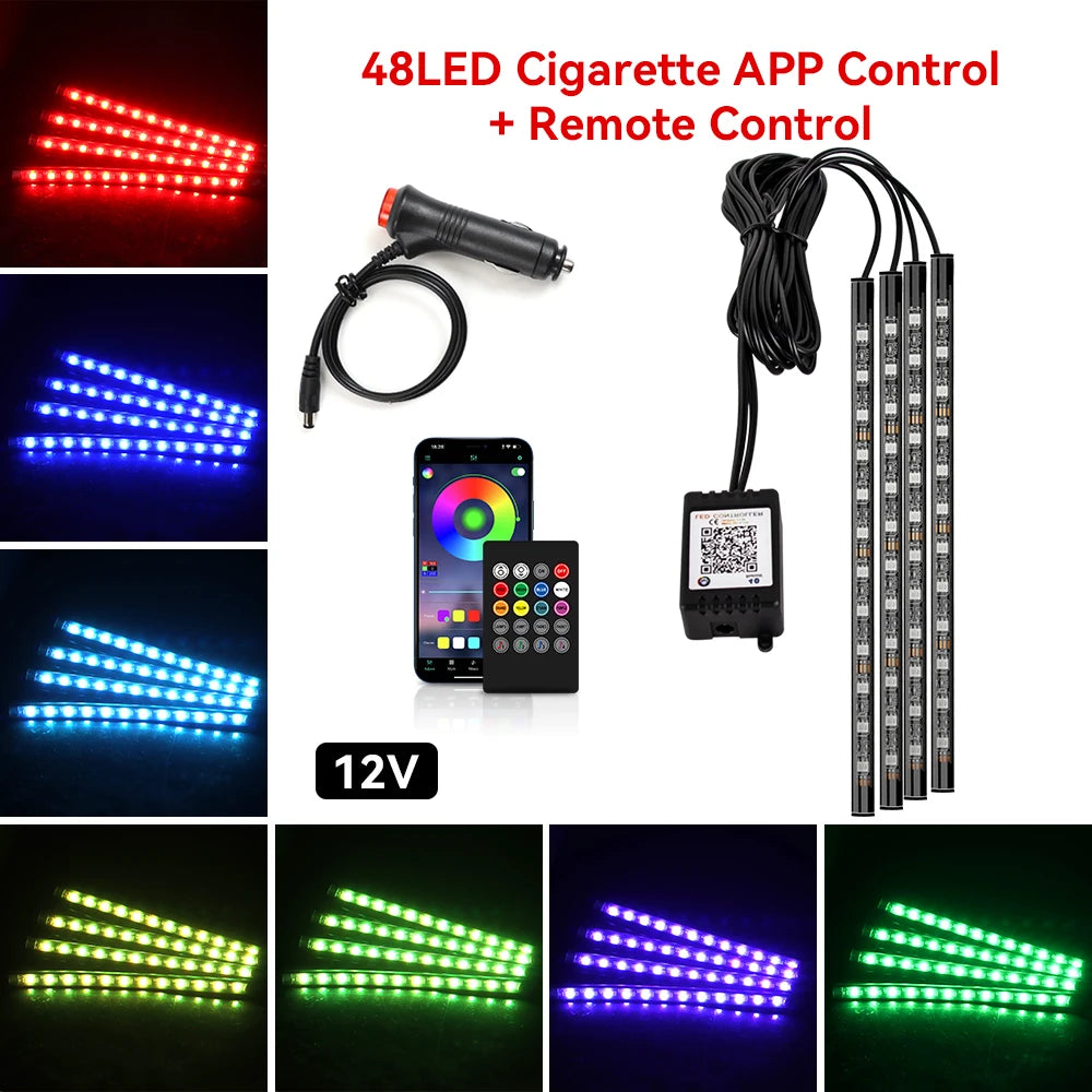 Neon 48 72 LED Car Interior Ambient Foot Light with USB Wireless Remote Music App Control Auto RGB Atmosphere Decorative Lamps